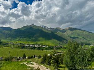 a small town in a field with mountains in the background at Uno Cottage Kazbegi in Kazbegi