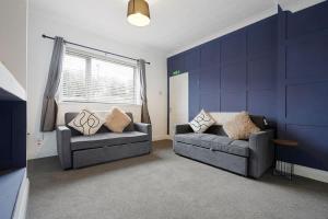 a living room with two couches and a blue wall at Work Friendly 3 Bed House with Sofa Beds that Sleeps 7 in Fishburn