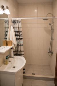 a bathroom with a shower and a sink and a toilet at Siena in Preveza