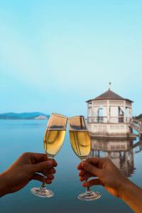 two people holding up two glasses of wine at Hotel Butterfly in Torre del Lago Puccini