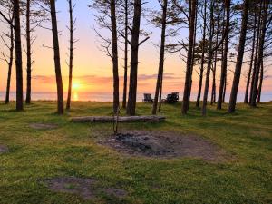 a park with a bench and trees at sunset at ''Jūras Mala'' in Labrags