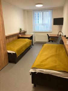 a room with two beds and a desk and a tv at Hotel Astorka in Brno