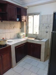 a kitchen with wooden cabinets and a sink and a window at Amidez Apparts in Zalom