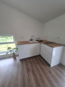 a white kitchen with a sink and a window at Stable for two in Hégenheim +2 photos