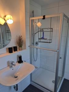 a bathroom with a sink and a shower at Zum Nussbaum Wohnung Walnuss 86 qm 2 Schlafzimmer alles neu renoviert in Gerstetten