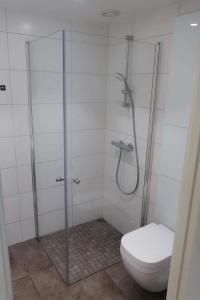 a bathroom with a shower and a toilet at Modern Apartment Bergen Centrum in Bergen +10 photos