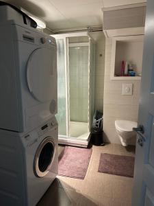 a bathroom with a washing machine and a toilet at Room in a shared apartment in Trondheim