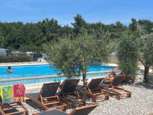 two people sitting in lounge chairs next to a swimming pool at Jacuzi Cottage in the olive grove in Pula