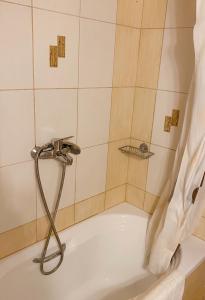 a shower with a bath tub with a shower curtain at Aqua Mare Seaside Experience in Pyrgadikia +24 photos