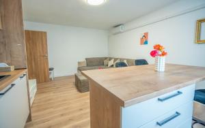 a kitchen and living room with a table and a couch at Apartman Lili in Knin