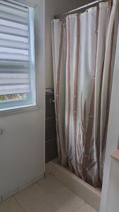 a shower curtain in a bathroom with a window at Studio privatif DATCHA in Saint-Germain-en-Laye