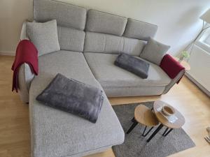 a living room with a gray couch with two pillows at FeWo Büsum No 12 in Büsum