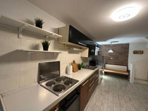 a kitchen with a stove and a counter top at Yasmin Breeze Apartment in Nerezine