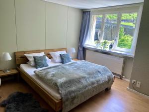 a bedroom with a bed and two windows at Studio Apartment Göschenen in Göschenen