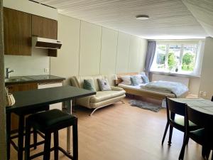 a kitchen and living room with a couch and a table at Studio Apartment Göschenen in Göschenen