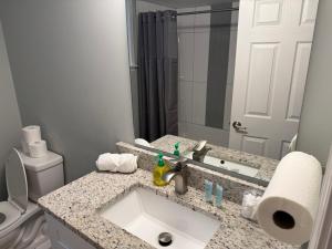 a bathroom with a sink and a toilet and a mirror at Cozy ATL Suite with Kitchenette in Atlanta +16 photos