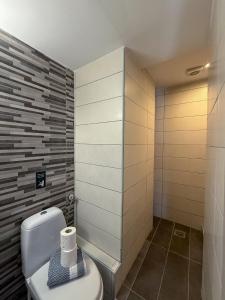 a bathroom with a toilet and a tile wall at Seagull apartments - A in Paralia Katerinis
