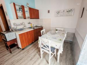 a kitchen with a white table and chairs in it at Apartments Bardak in Ližnjan +67 photos