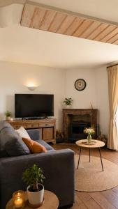 a living room with a couch and a tv at La Montagne in Tournus
