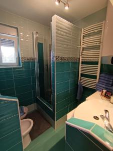 a bathroom with a shower and a sink and a toilet at Riviera Apartman in Hajdúszoboszló +7 photos