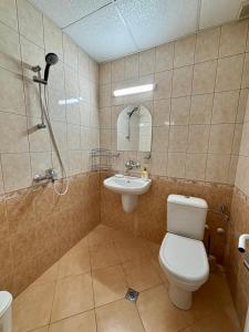 a bathroom with a toilet and a sink and a shower at La Zur Guest House in Ravda +42 photos