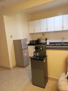a small kitchen with a refrigerator and a stove at Kaisa Studio apartments in Nairobi