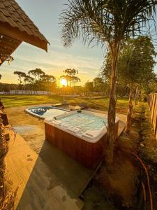 a hot tub sitting next to a palm tree at Cabanha Sítio Gomes in Canoinhas