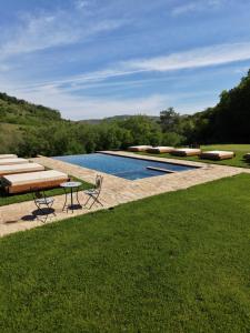 a swimming pool with a table and chairs in the grass at Hunter's Mansion - Transylvania in Gorgan