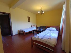 a room with two beds and a table in it at Pensiunea Ruxandra la 100 m de Aqua Park Venus in Baile Unu Mai