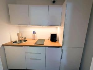 a small kitchen with white cabinets and a sink at Seemöwe im Haus Windrose in Butjadingen +9 photos