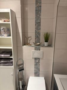 a small bathroom with a toilet and a shelf at Ferienwohnungen Kutscherschänke in Bad Zwischenahn +37 photos