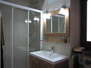 a bathroom with a sink and a shower with a mirror at Casa del Tío Benito 2H in Molinos de Duero