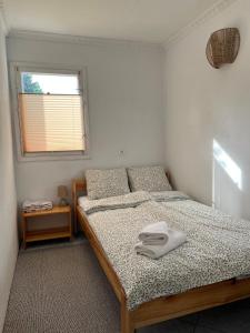 a bedroom with two twin beds and a window at Agroturystyka Uroczysko Kostomłoty in Kostomłoty