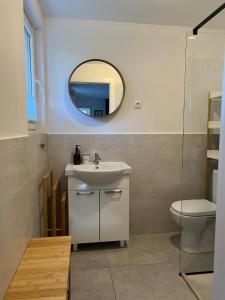 a bathroom with a sink and a mirror at Agroturystyka Uroczysko Kostomłoty in Kostomłoty +6 photos