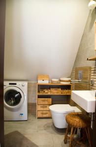 a bathroom with a washing machine and a washer at Pod Lwią Górą in Strużnica +35 photos
