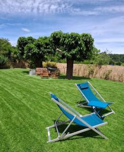 a blue lawn chair sitting on the grass at Maison des Soupirs in Montpon-Ménestérol +2 photos