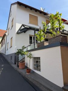 a white building with plants on the side of it at Ferienwohnung am Hühnerberg in Buchbrunn
