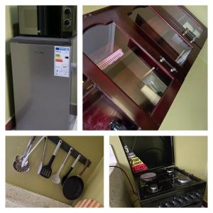 a collage of four pictures of a kitchen with a refrigerator at kuza Suites Mbale in Mbale