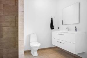 a bathroom with a white toilet and a sink at LF14344-Roslev-Folvigvej-44 in Roslev +21 photos