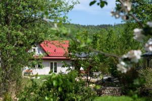 a small white house with a red roof at Pod Lwią Górą in Strużnica
