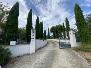 a gate to a driveway with a fence and trees at O BELLOC in Lapeyrouse-Fossat +1 photo