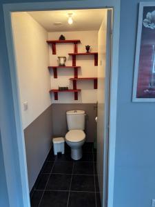 a small bathroom with a toilet and shelves at L'Estel in Hasparren