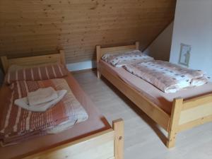 two beds in a room with wooden walls at Soča Trails Apartment #6 in Log Čezsoški