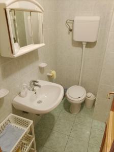 a bathroom with a sink and a toilet and a mirror at Soča Trails Apartment #6 in Log Čezsoški +8 photos