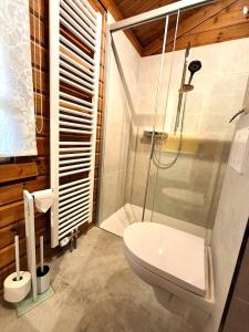 a bathroom with a glass shower and a toilet at Ferienhaus Neckar 58 in Hayingen +13 photos
