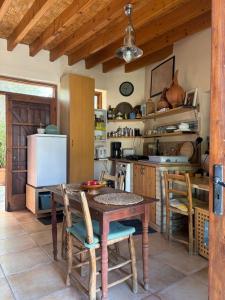 a kitchen with a table and chairs and a refrigerator at Avli-the courtyard in Nicosia