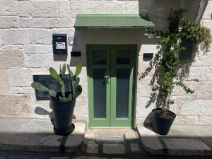 a green door and two potted plants on a building at La Dimora del Gigante in Carovigno