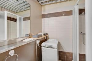 a bathroom with a toilet and a sink and a mirror at Appartamento Vista Lago Ghiffa in Ghiffa +17 photos