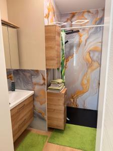 a bathroom with a shower and a sink and a mirror at Privatroom for rent in Bad Fischau