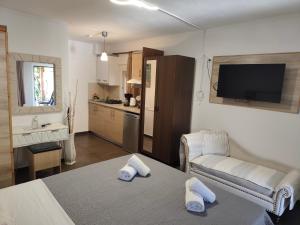 a living room with a bed and a kitchen at Hotel Alexandros II in Toroni